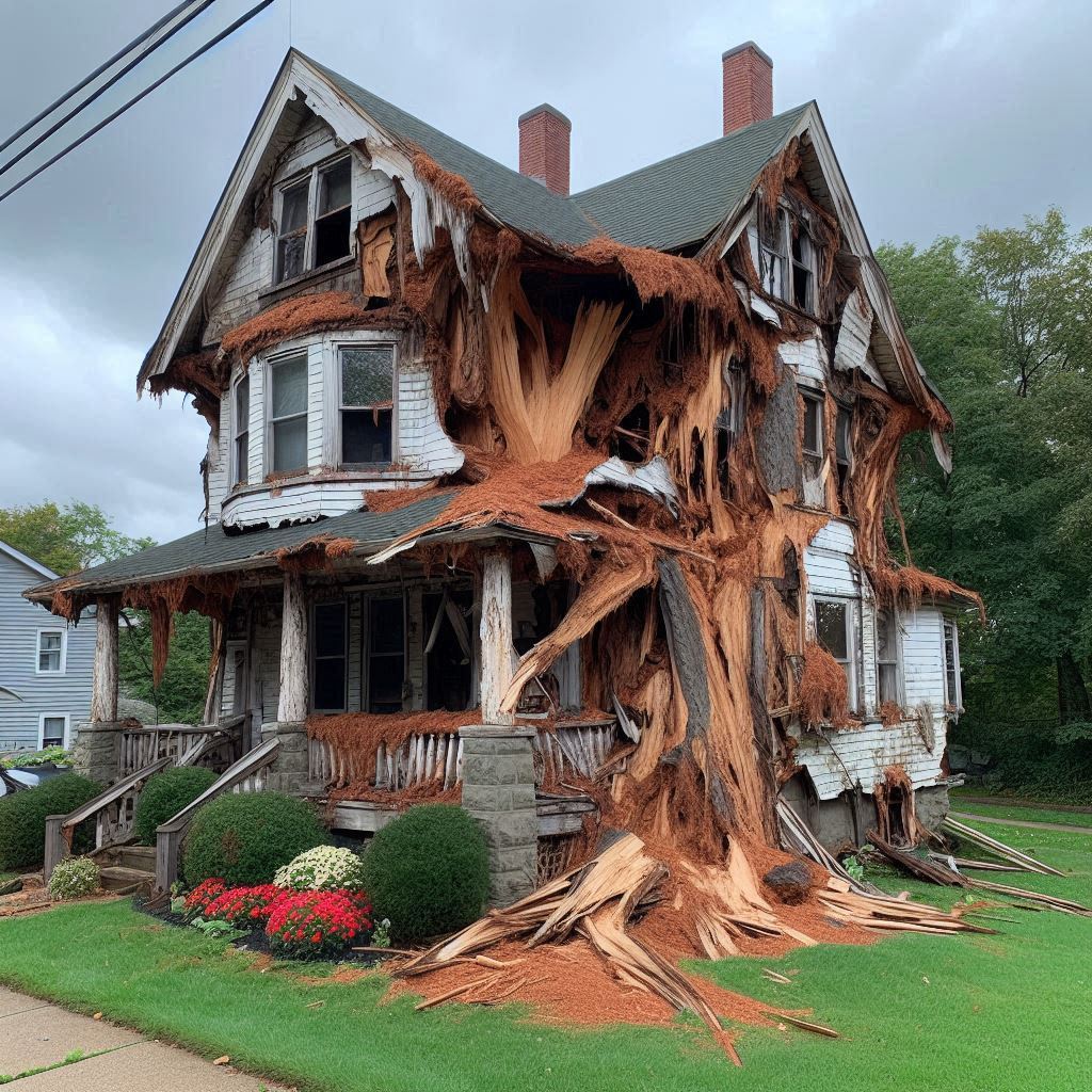 Damaged tree on an Darien home showing signs of disease and decay